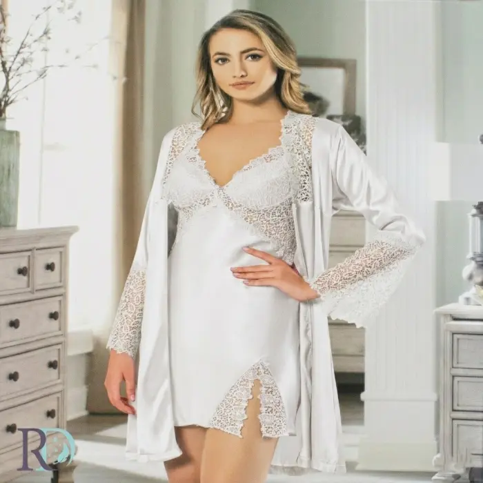 Дамска нощница с халат Кармелия екрю - 2225 - Дамска нощница с халат Кармелия екрю - 2225