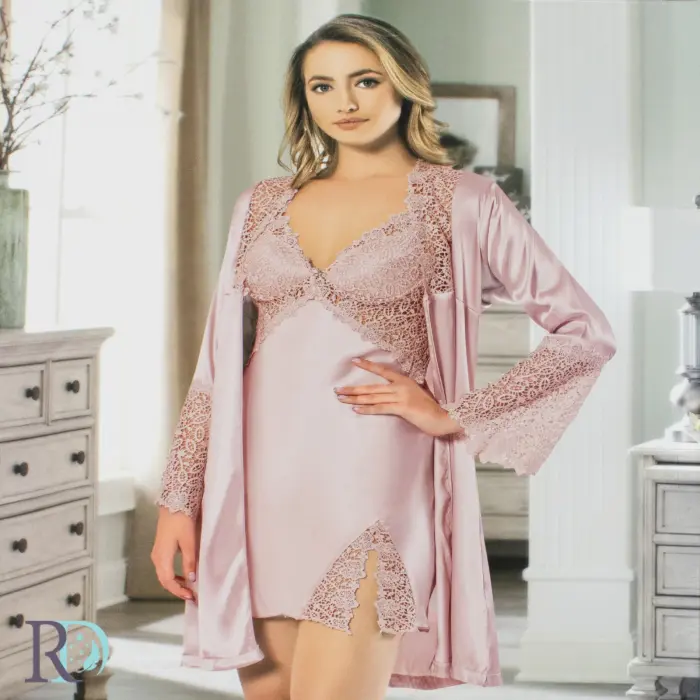 Дамска нощница с халат Кармелия пудра - 2226 - Дамска нощница с халат Кармелия пудра - 2226