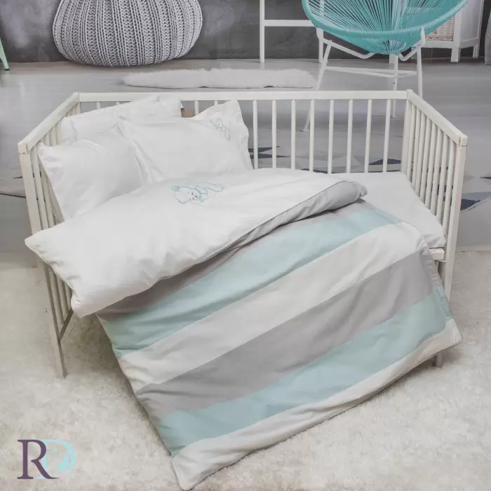 Бебешки спален комплект Спящо мече светло сиво, аква и бяло - 1028 -  Бебешки спален комплект Спящо мече светло сиво, аква и бяло - 1028