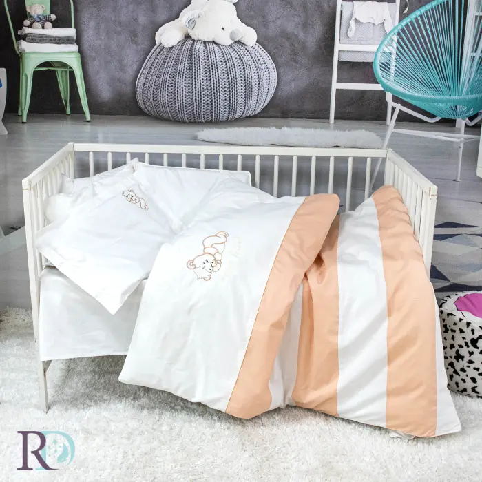 Бебешки спален комплект Спящо мече праскова и бяло - 1340 - Бебешки спален комплект Спящо мече праскова и бяло - 1340